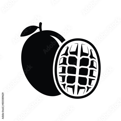 Black Silhouette of a Whole and Halved Mango Fruit mango, fruit, tropical, food, sweet