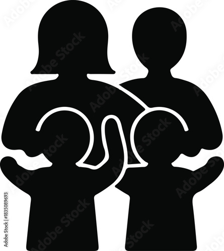 Family Group Icon, A black silhouette icon showing a family of four: two adults standing behind two children, all facing forward. The figures are simplified and stylized, conveying unity, togethernes

