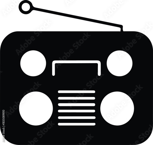 Portable Radio Icon, A bold black silhouette of a portable radio featuring an antenna, two large circular speakers, control knobs, and a grille in the center. The design conveys a retro or classic bo
