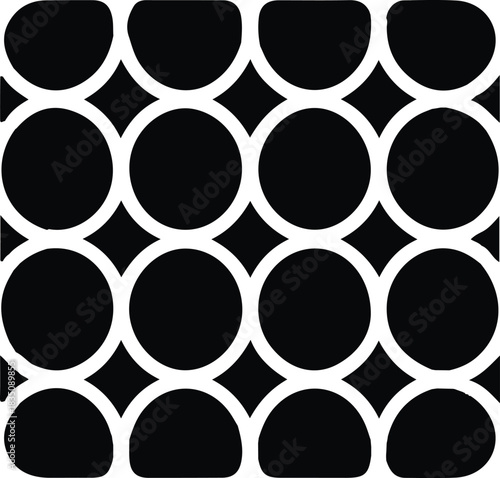 Geometric Circle Pattern, A repeating black-and-white geometric pattern made of solid black circles arranged in rows, with small white diamond-shaped gaps between them. The design has a bold, modern,
