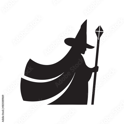 Mystic Wizard Silhouette Holding Staff Fantasy Character Logo in Black Cloak. 