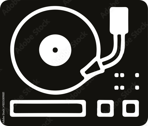 Turntable Icon, Black and white icon of a turntable or record player. It shows a vinyl record on the platter, a tonearm to the right, and several buttons and controls below, representing music, DJ eq
