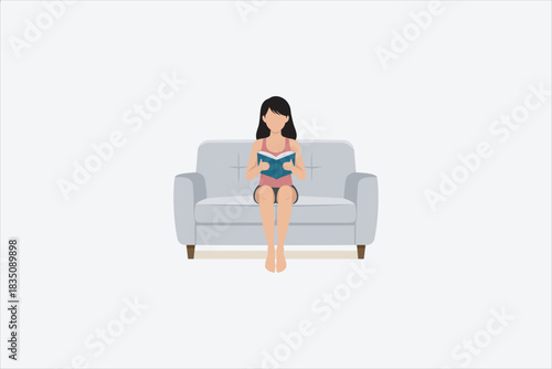 Illustration of a woman sitting on a sofa while reading a book. Vector illustration.