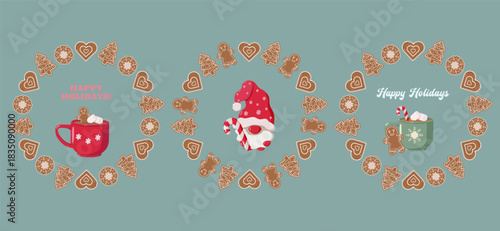 Holiday design with three festive scenes mugs with hot chocolate, a gnome with candy cane, and gingerbread cookie wreaths. Includes Happy Holidays text on red and green backgrounds