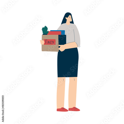 Unemployment Social Problem with Fired Woman Employee Hold Cardboard Box Vector Illustration