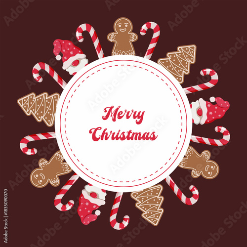 Christmas wreath design with gingerbread cookies, candy canes, Santa hats, and Merry Christmas text in center. Festive circular layout on maroon background for seasonal cards and decorations