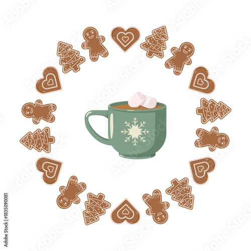 Holiday design with green mug of hot chocolate and marshmallows, surrounded by gingerbread cookie wreath. Cozy and festive layout for Christmas cards, seasonal decor, and winter-themed packaging