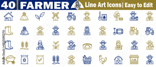 Collection of agriculture and cultivation concepts represented by simple, modern farmer line art icons, easy to edit and customizable vector illustration., 