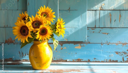 Bright yellow sunflowers in a yellow vase against a rustic blue wall, bathed in sunlight, evoking warmth and cheer