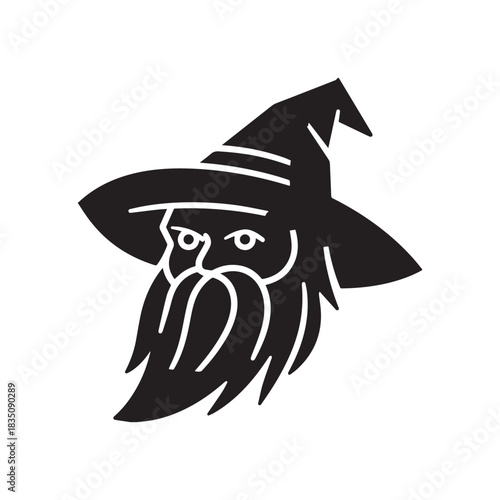 Mystical Wizard Head Logo Sorcerer with Pointed Hat and Long Flowing Beard.