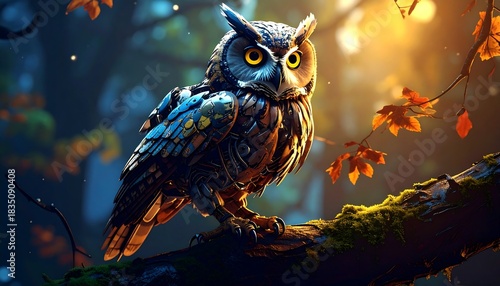 Bright-eyed owl perches on a mossy branch surrounded by colorful fall foliage in a softly lit forest scene