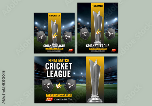 Editable Cricket League Final Match Social Media or Banner Template with Silver Trophy and Participating Teams, Stadium Background.