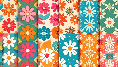 Brightly colored floral patterns in a retro style, presented as seamless tiles with repeating elements