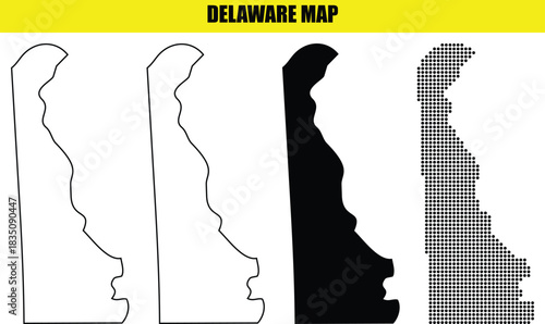 Hand made Dot Map Delaware state map set including outline solid fill and pixelated versions vector illustration for infographic and design projects By illustrator