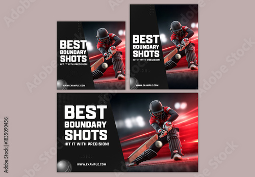 Editable Cricket Boundary Shot Highlight Banner or Social Media Template Set with Power Hitting Batter in Black and Red Color Design.