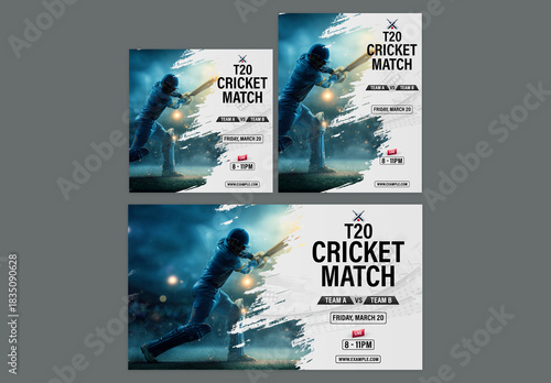 Editable T20 Cricket Match Social Media or Banner Template Set with Batters, Stadium Background.