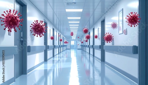 Brightly lit hospital corridor with virus particles floating, doors lining the hallway, and light at the end