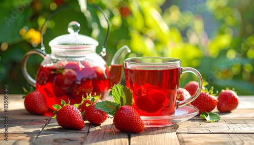 Brightly lit, strawberry-infused tea in glass teapot and cup rests on a weathered wooden surface outdoors