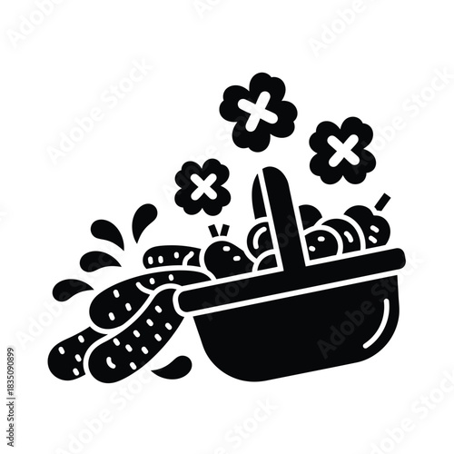 Black and white basket overflowing with harvested vegetables and flowers illustration