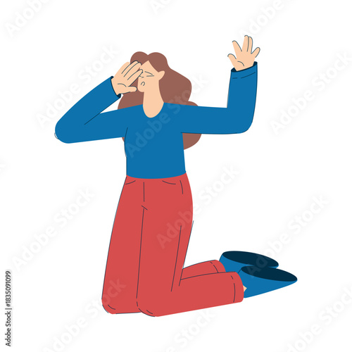 Young Woman Victim Threatened by Husband Sit on Floor Vector Illustration