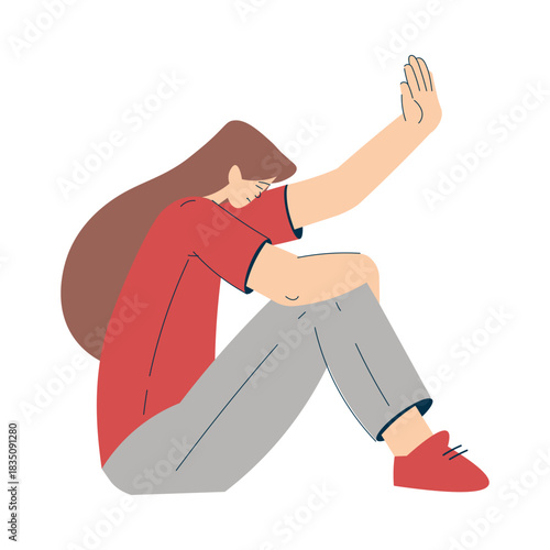 Young Woman Victim Threatened by Husband Sit on Floor Vector Illustration