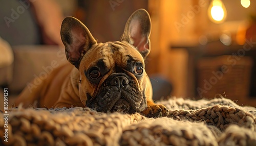 Brindle french bulldog laying on a chunky knit blanket indoors in warm lighting