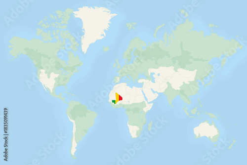 Mali Highlighted on World Map with National Flag. Mali Map and Flag.