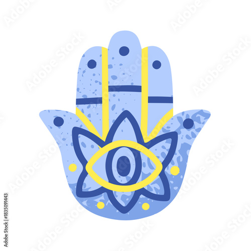 Hamsa hand with eye symbol. Sacred Jewish amulet, lucky talisman, charm. Khamsa, Miriam and Fatima palm for luck and protection against evil. Flat vector illustration isolated on white background