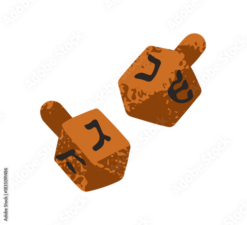 Wooden dreidels, Jewish holiday spinning toy. Traditional Judaic spinner, wood game, dreidls with letters for festive Hannukkah play, ritual. Flat vector illustration isolated on white background