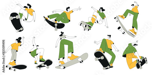 Sport with Man and Woman Character Ride Skateboard Vector Illustration Set