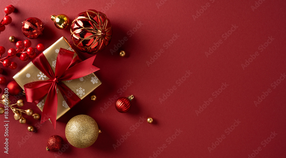 Fototapeta premium A festive holiday banner scene features a gold gift box with red ribbon, red berries, and gold ornaments on a rich red background