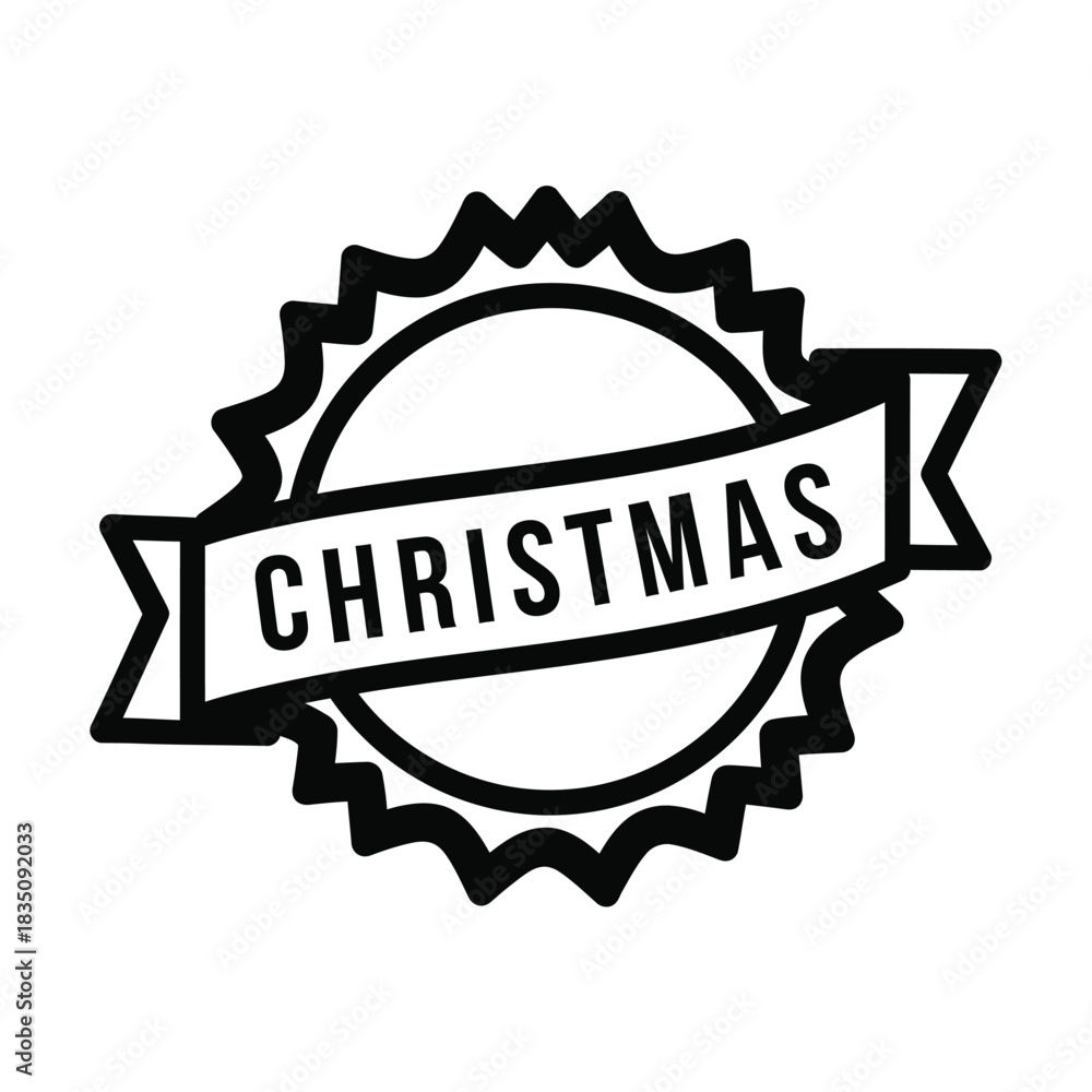 Obraz premium Christmas badge with ribbon banner and starburst shape black and white