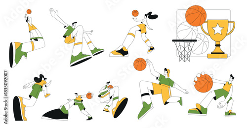 Sport with Man and Woman Character Play Basketball Vector Illustration Set