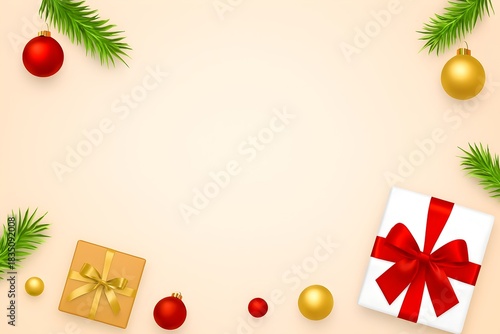 Christmas Border with Gift Boxes, Ornaments and Pine Branches on Beige Background