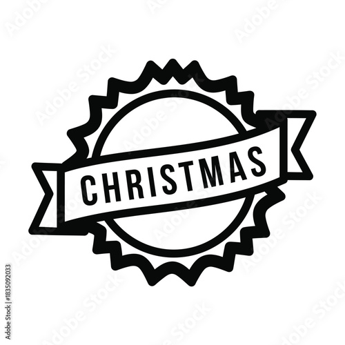 Christmas badge with ribbon banner and starburst shape black and white