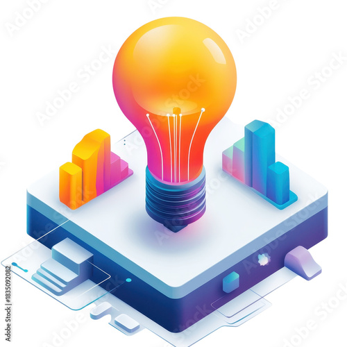 Lightbulb on digital tablet with gradient colors in 3D isometric style for business presentation 