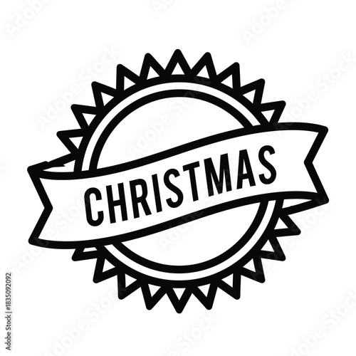 Christmas badge with ribbon banner and sunburst border in black and white