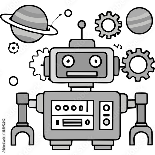 Retro Style Robot Illustration with Gears and Planets on Black Background Minimalist Sci Fi Art