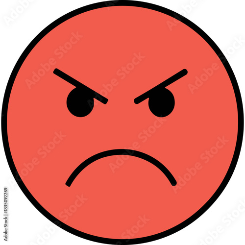 Red Angry Face Emoji Icon Symbol Expressing Frustration and Displeasure with Dark Eyebrows and Frowning Mouth on a Simple Background