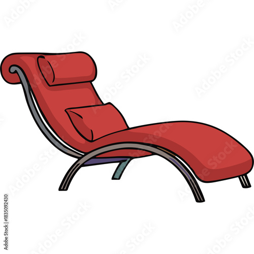 Red chaise lounge chair with metal frame and headrest for relaxation or therapy sessions