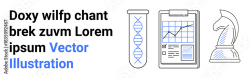 Biotechnology, business strategy, data management, scientific research, education, and innovation. DNA strand, clipboard with graphs and chess knight icon. Biotechnology and business strategy