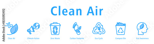 Clean Air web banner icon vector illustration with icons of Clear Air, Climate Action, Zero Waste, Carbon Footprint, Eco Cycle, Compost Bin, and Eco Awareness.
