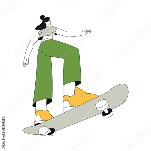 Sport with Woman Character Ride Skateboard Vector Illustration