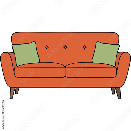 Retro Mid Century Modern Orange Two Seater Sofa with Mint Green Pillows and Tapered Legs on a Black Background Clean Design