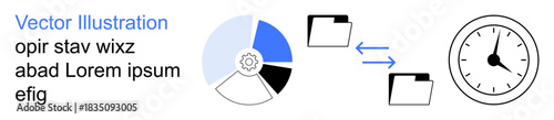 Project planning, time efficiency, data transfer, workflow management, organization. A pie chart, file folders, and a clock icon with arrows. Time efficiency and data transfer concept
