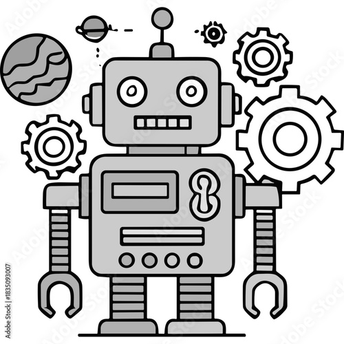 Retro Robot Illustration with Gears and Planets on Black Background with Simple Cartoon Style and Flat Design Elements