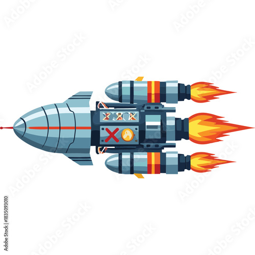 Retro Pixel Art Spaceship with Three Engines Emitting Fiery Exhaust Flames Against a Black Void