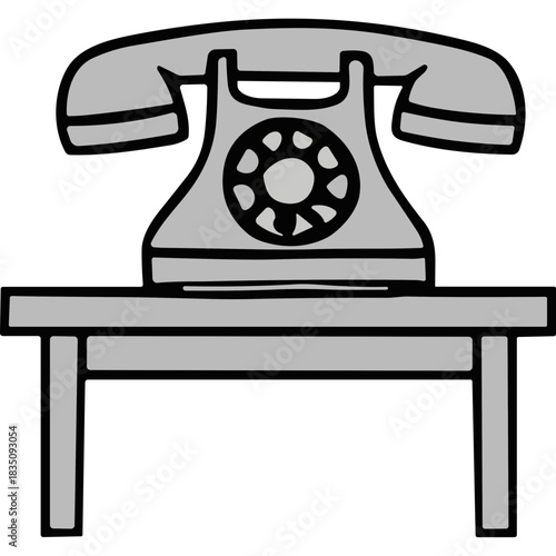 Retro Rotary Telephone on a Simple Wooden Table with a Black Background and a Stylized Monochrome Design