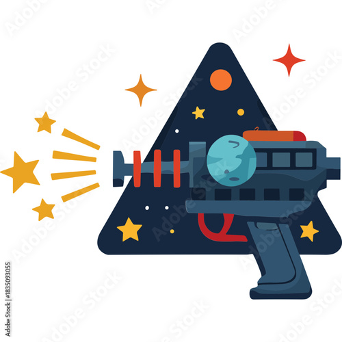 Retro Sci Fi Ray Gun Emitting Golden Stars Against a Cosmic Triangle Nebula Backdrop with Orange and Red Stars