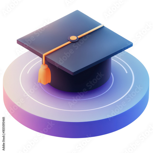 Graduation Cap on Purple Blue Gradient Platform with White Lines and Orange Tassel in 3D Illustration for Education 